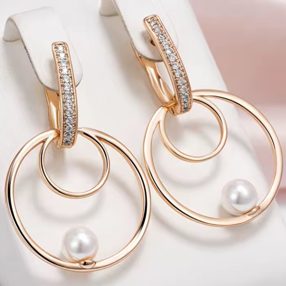 585/14k Rose Gold Hoop Drop Earrings with Pearl and Crystals